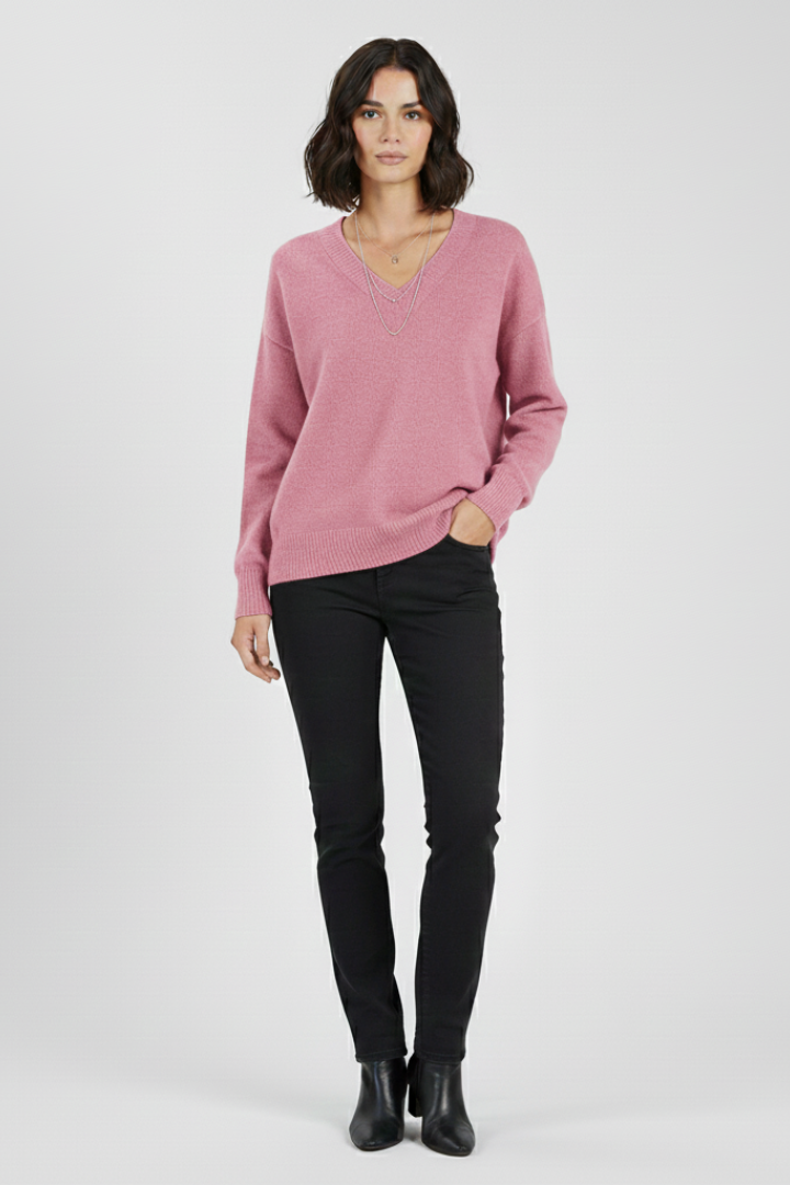 Floriana | Pull en maille à col V pour femme – Haut à manches longues avec ourlet droit