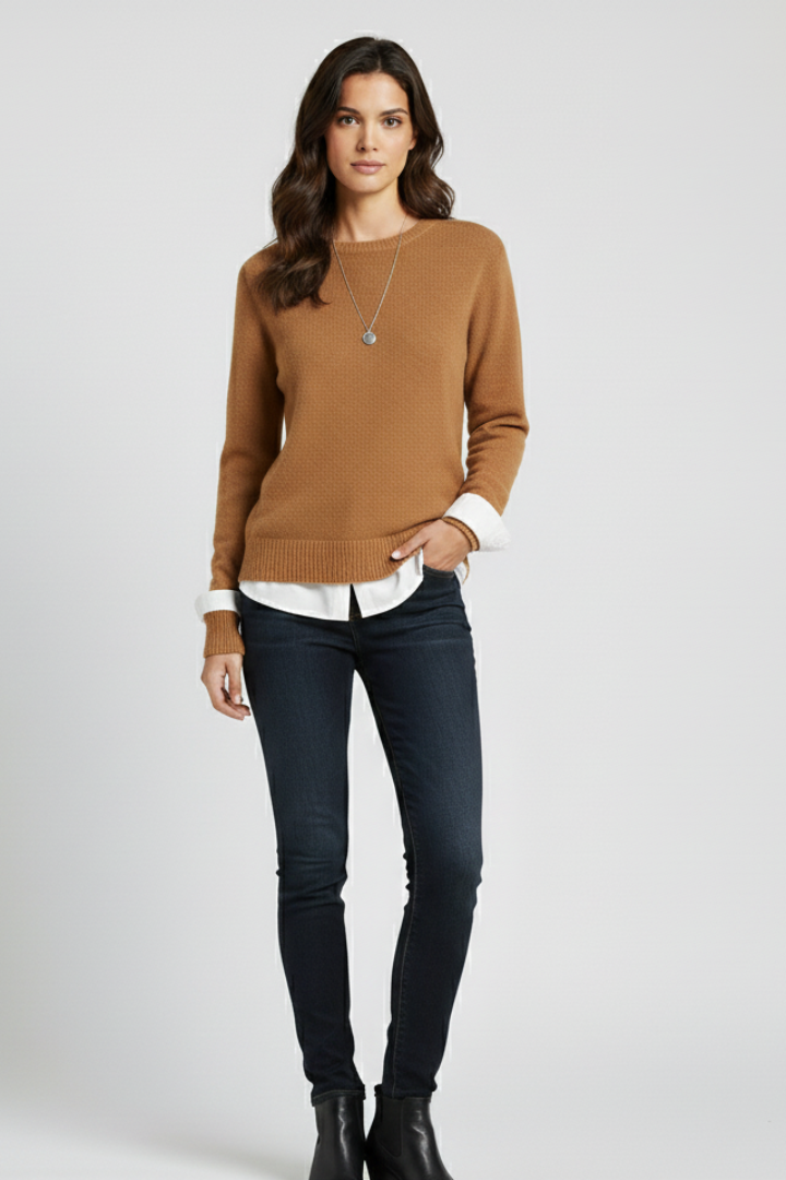 Elaria | Pull en maille pour femme – Col rond, manches longues, poignets et ourlet côtelés