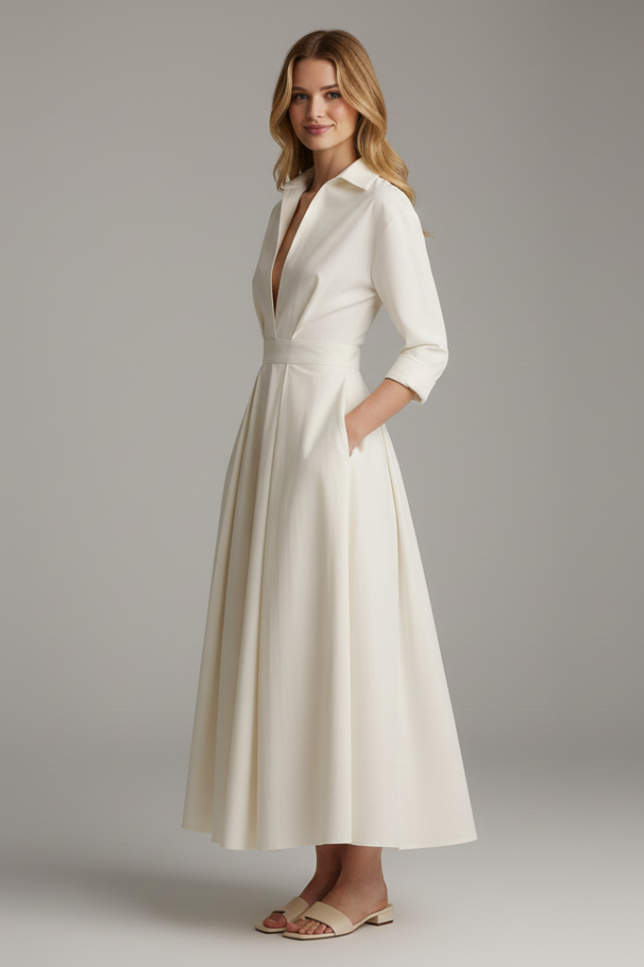 Zorelia | Robe Chemise Midi pour Femme – Robe à Manches Longues avec Boutonnage sur le Devant
