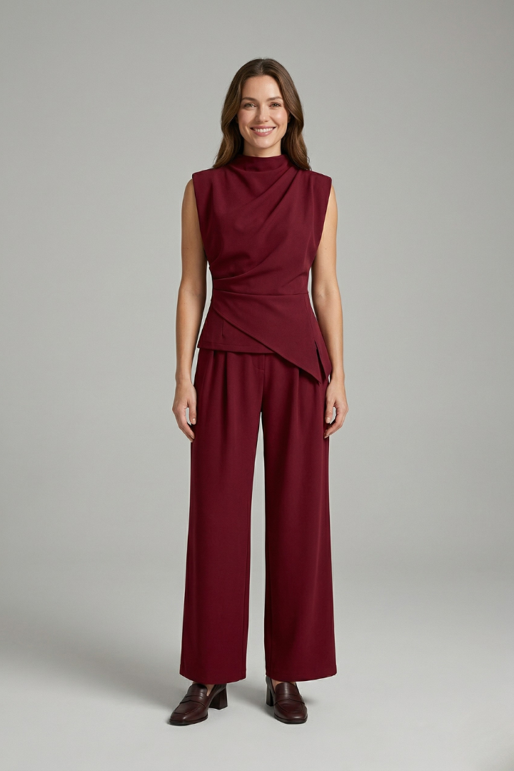 Lacey | Ensemble coordonné pour femme – Haut sans manches drapé et pantalon droit long, ensemble deux pièces confortable