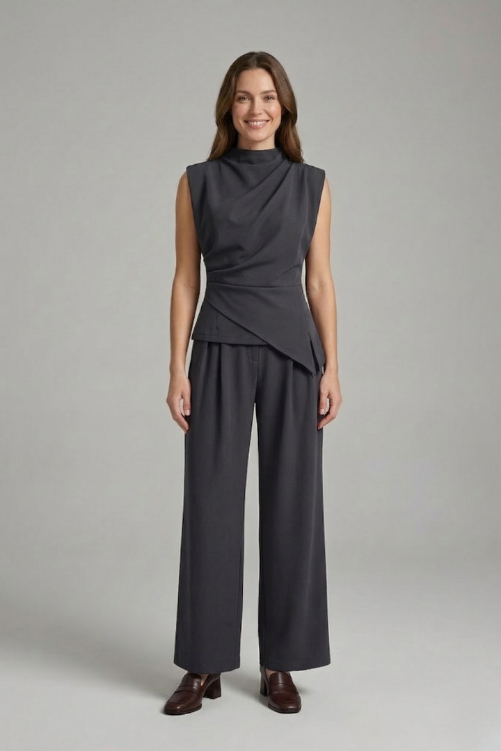 Lacey | Ensemble coordonné pour femme – Haut sans manches drapé et pantalon droit long, ensemble deux pièces confortable