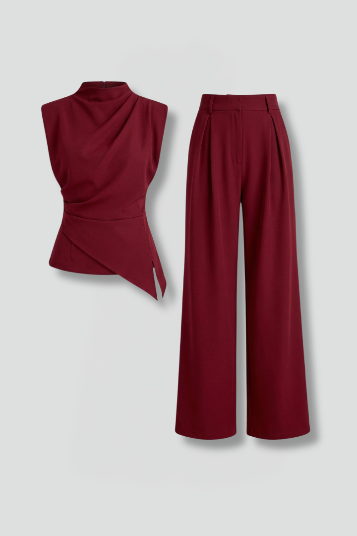 Lacey | Ensemble coordonné pour femme – Haut sans manches drapé et pantalon droit long, ensemble deux pièces confortable
