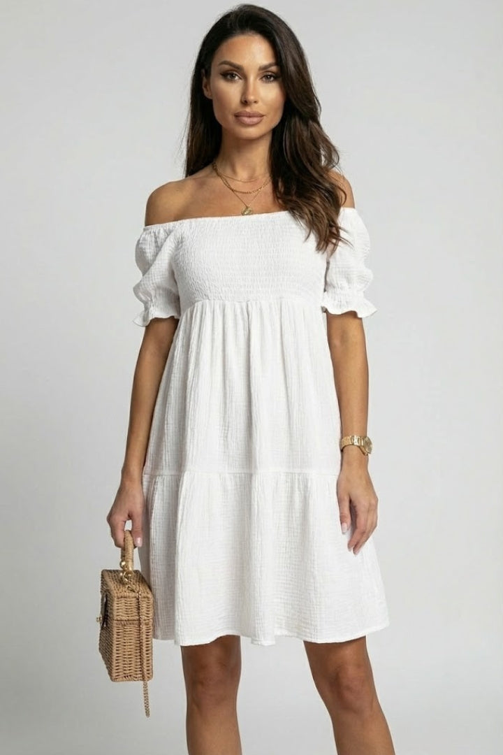 Anaëlle | Robe midi à volants texturés pour femme - Robe bohème à épaules dénudées et volants