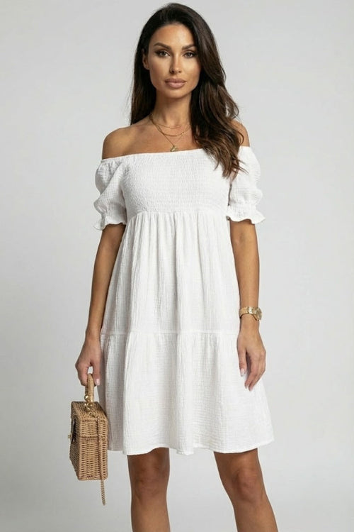 Anaëlle | Robe midi à volants texturés pour femme - Robe bohème à épaules dénudées et volants