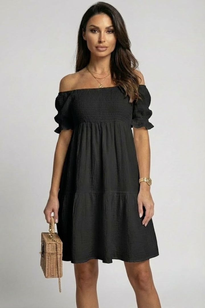 Anaëlle | Robe midi à volants texturés pour femme - Robe bohème à épaules dénudées et volants