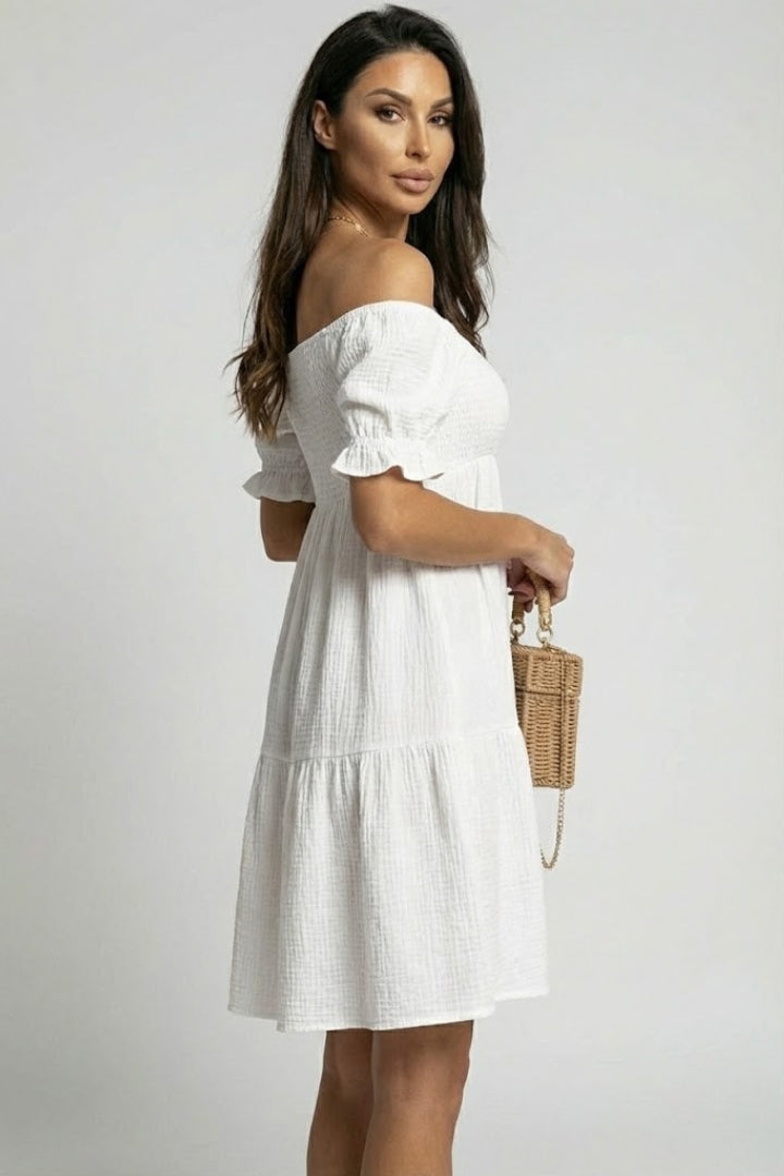 Anaëlle | Robe midi à volants texturés pour femme - Robe bohème à épaules dénudées et volants