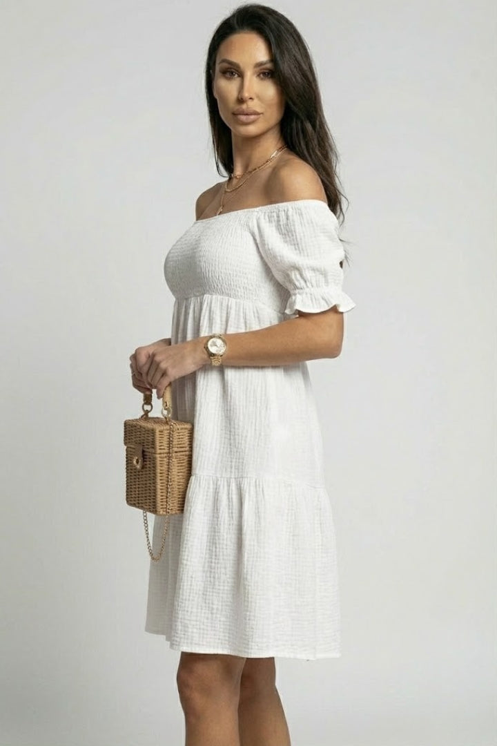 Anaëlle | Robe midi à volants texturés pour femme - Robe bohème à épaules dénudées et volants