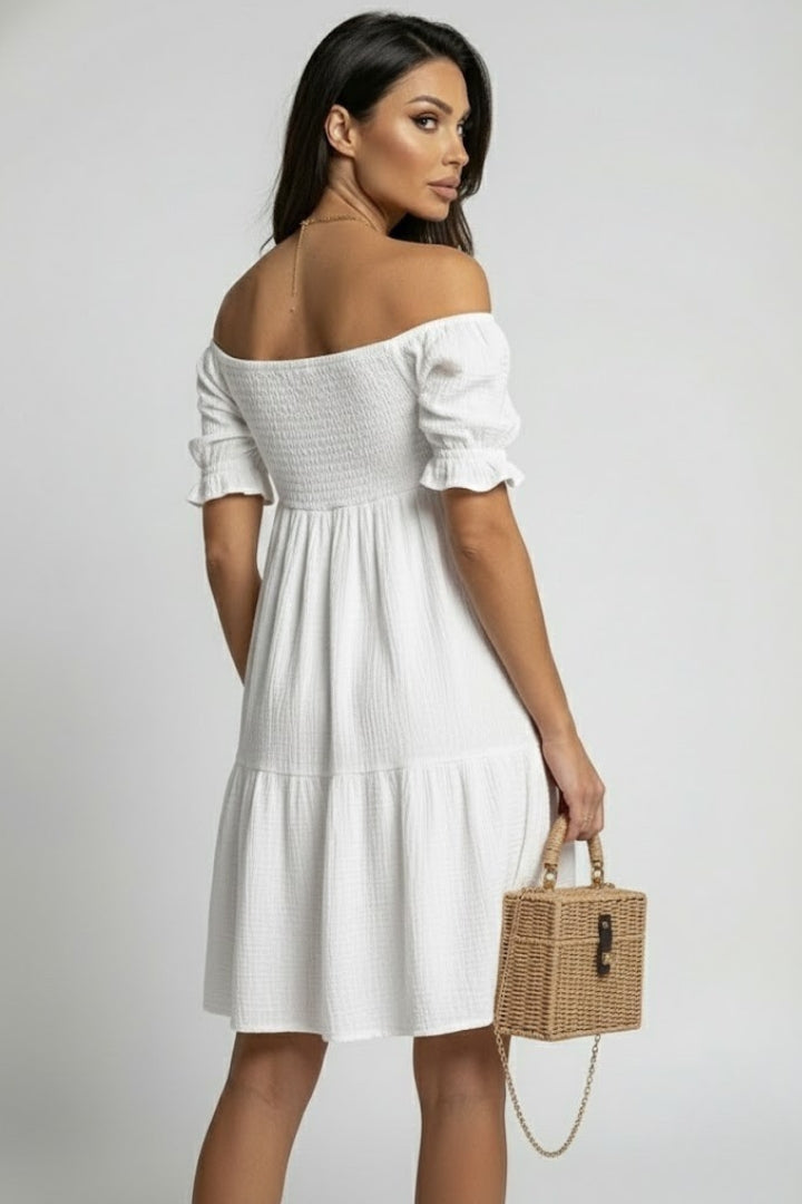 Anaëlle | Robe midi à volants texturés pour femme - Robe bohème à épaules dénudées et volants
