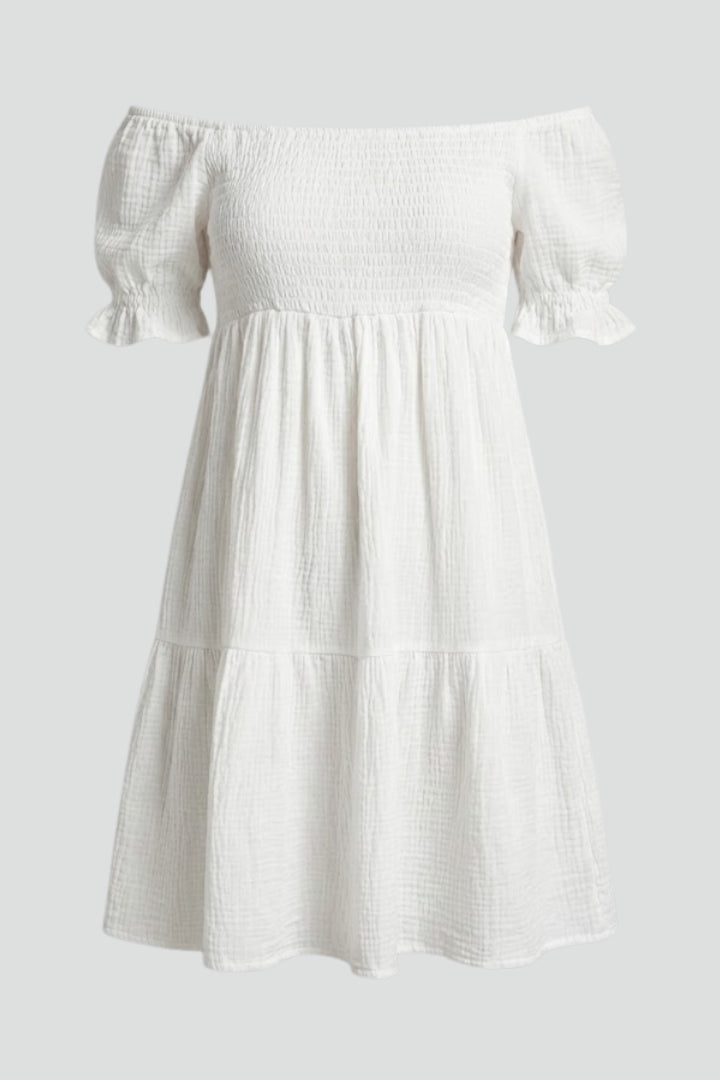 Anaëlle | Robe midi à volants texturés pour femme - Robe bohème à épaules dénudées et volants