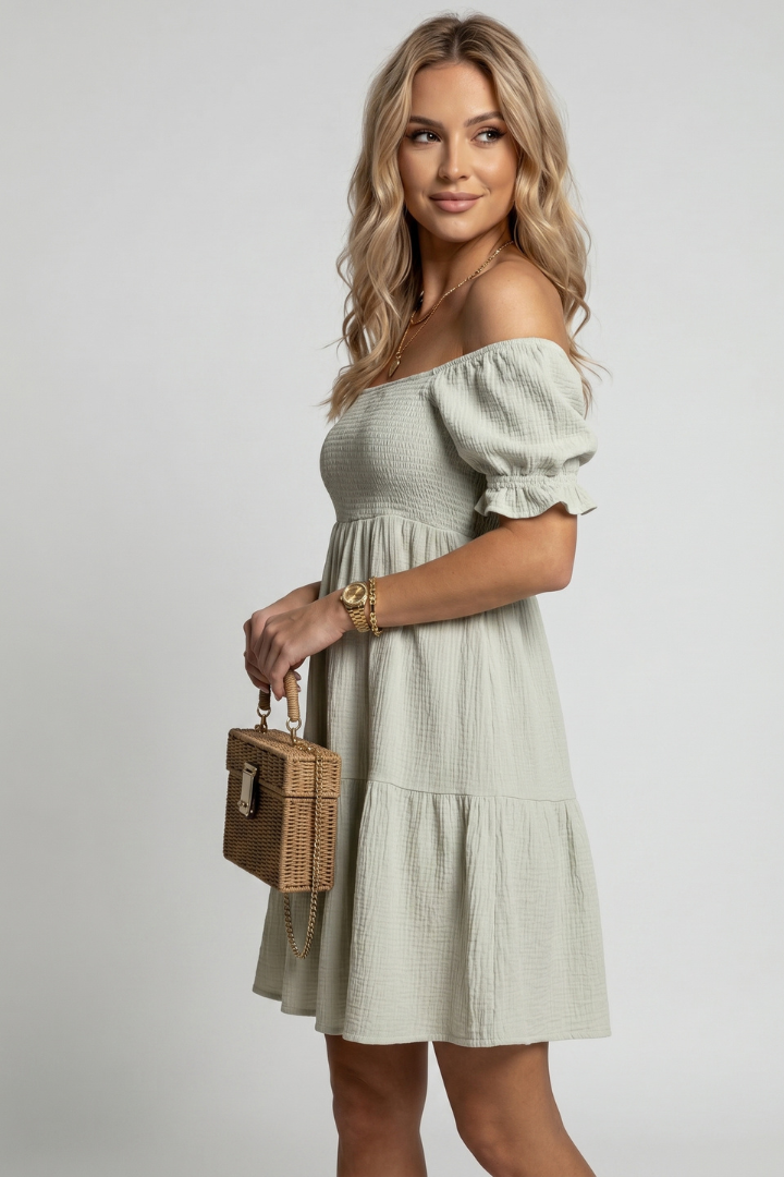 Anaëlle | Robe midi à volants texturés pour femme - Robe bohème à épaules dénudées et volants