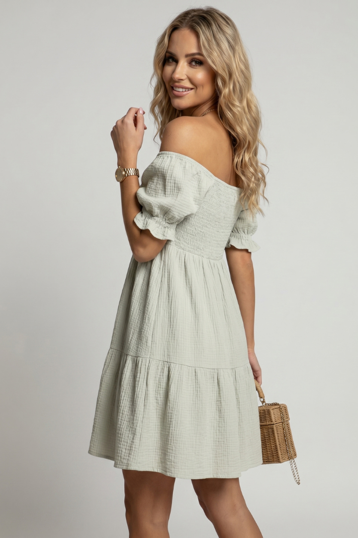 Anaëlle | Robe midi à volants texturés pour femme - Robe bohème à épaules dénudées et volants