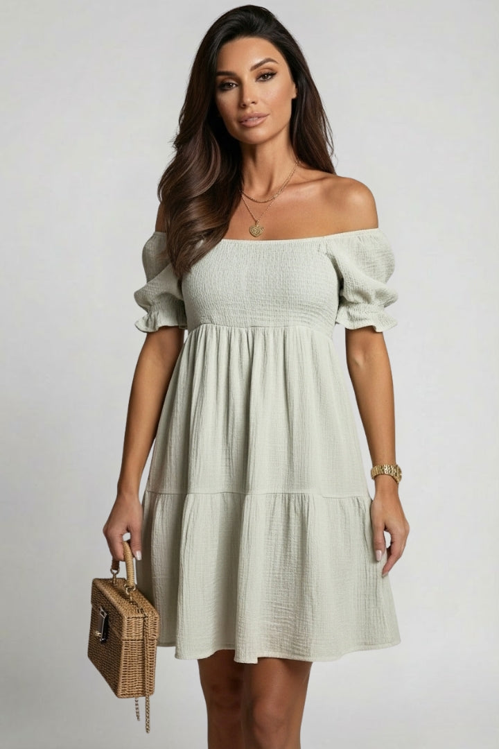 Anaëlle | Robe midi à volants texturés pour femme - Robe bohème à épaules dénudées et volants