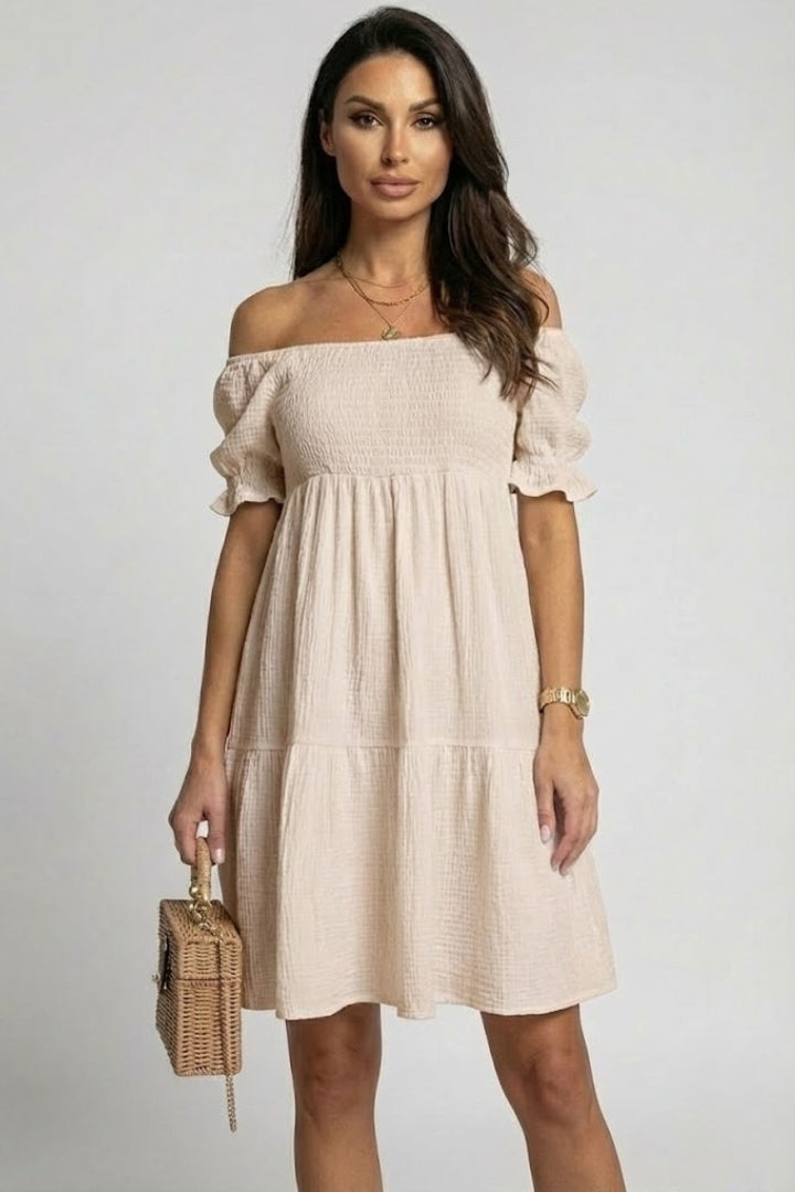 Anaëlle | Robe midi à volants texturés pour femme - Robe bohème à épaules dénudées et volants