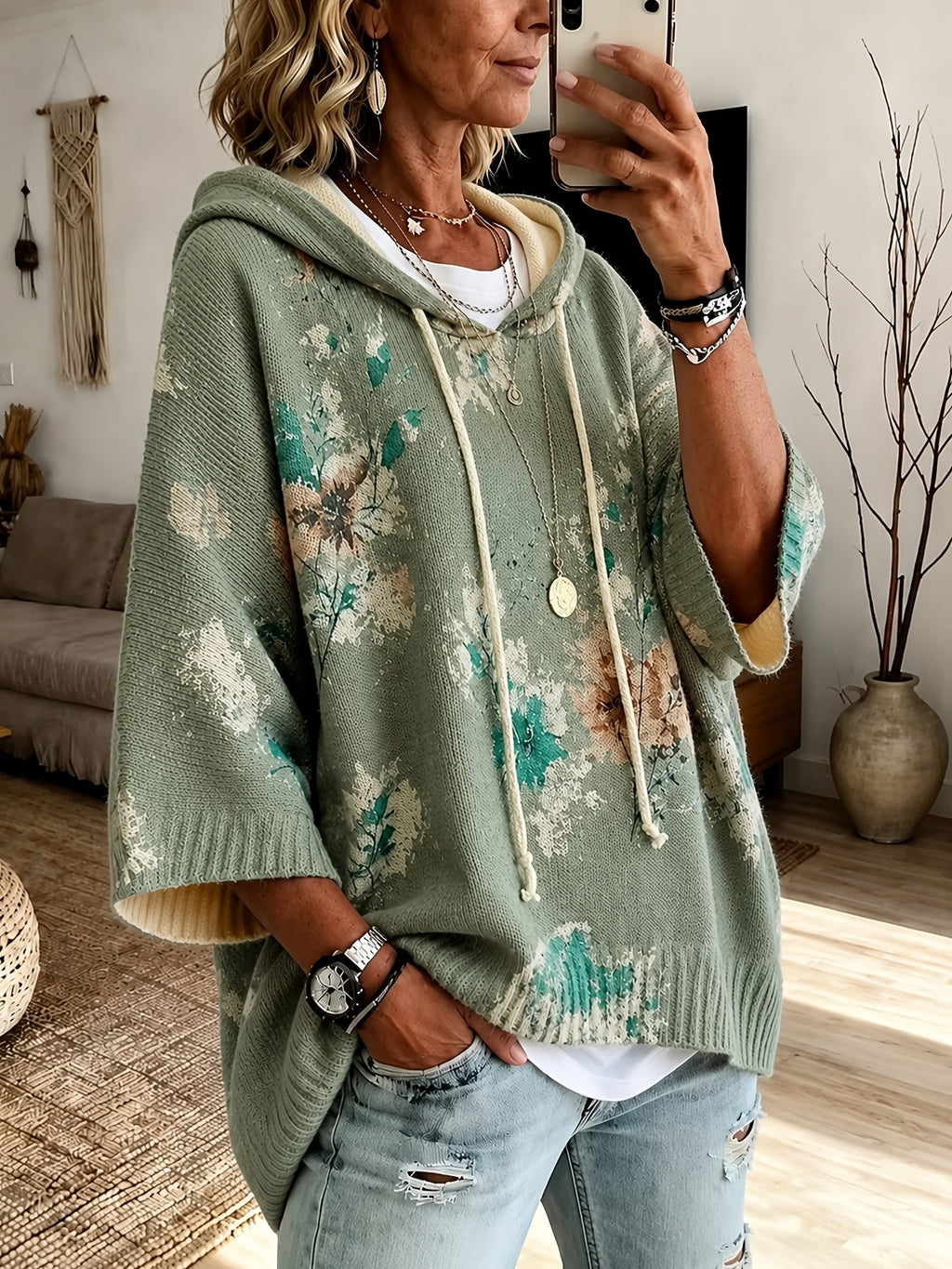 Novalie | Pull-cape vintage à motif floral pour femme – À capuche, manches 3/4