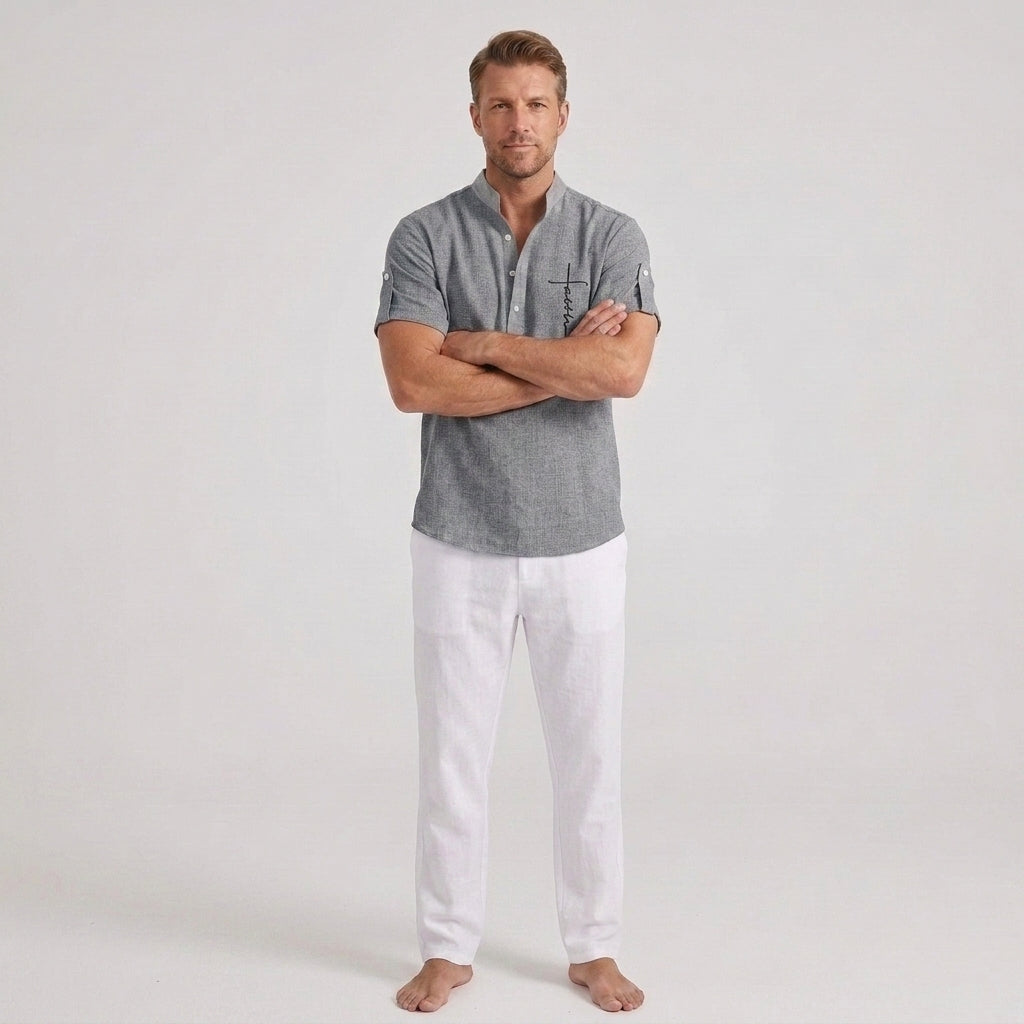 César | Chemise décontractée à manches courtes pour homme – Col montant