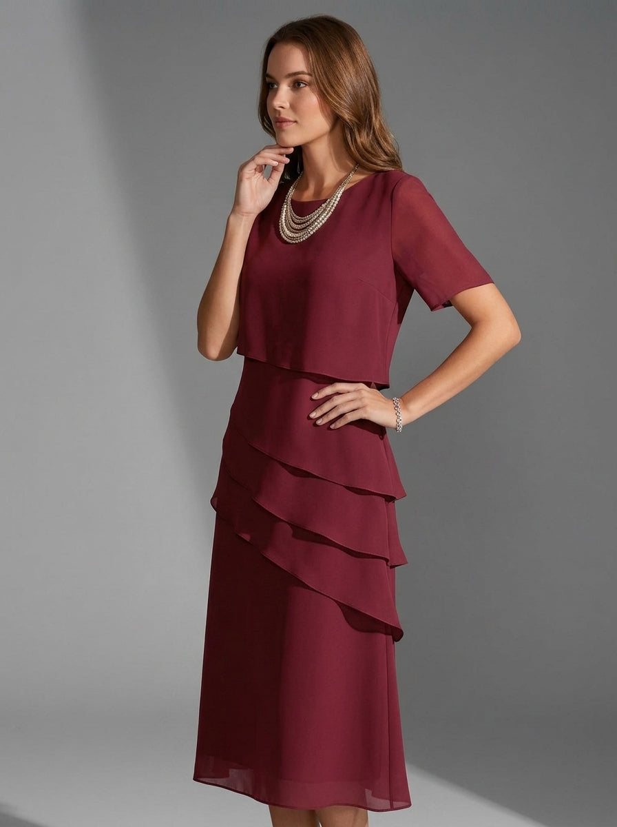 Emberly | Robe à col rond et superpositions pour femme - Robe à manches courtes et coupe droite