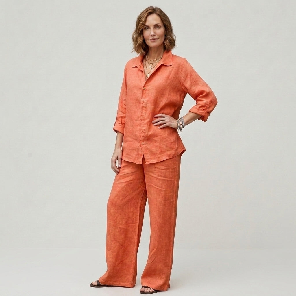 Béatrice | Ensemble deux pièces en lin pour femme – Chemisier respirant et pantalon à jambes larges
