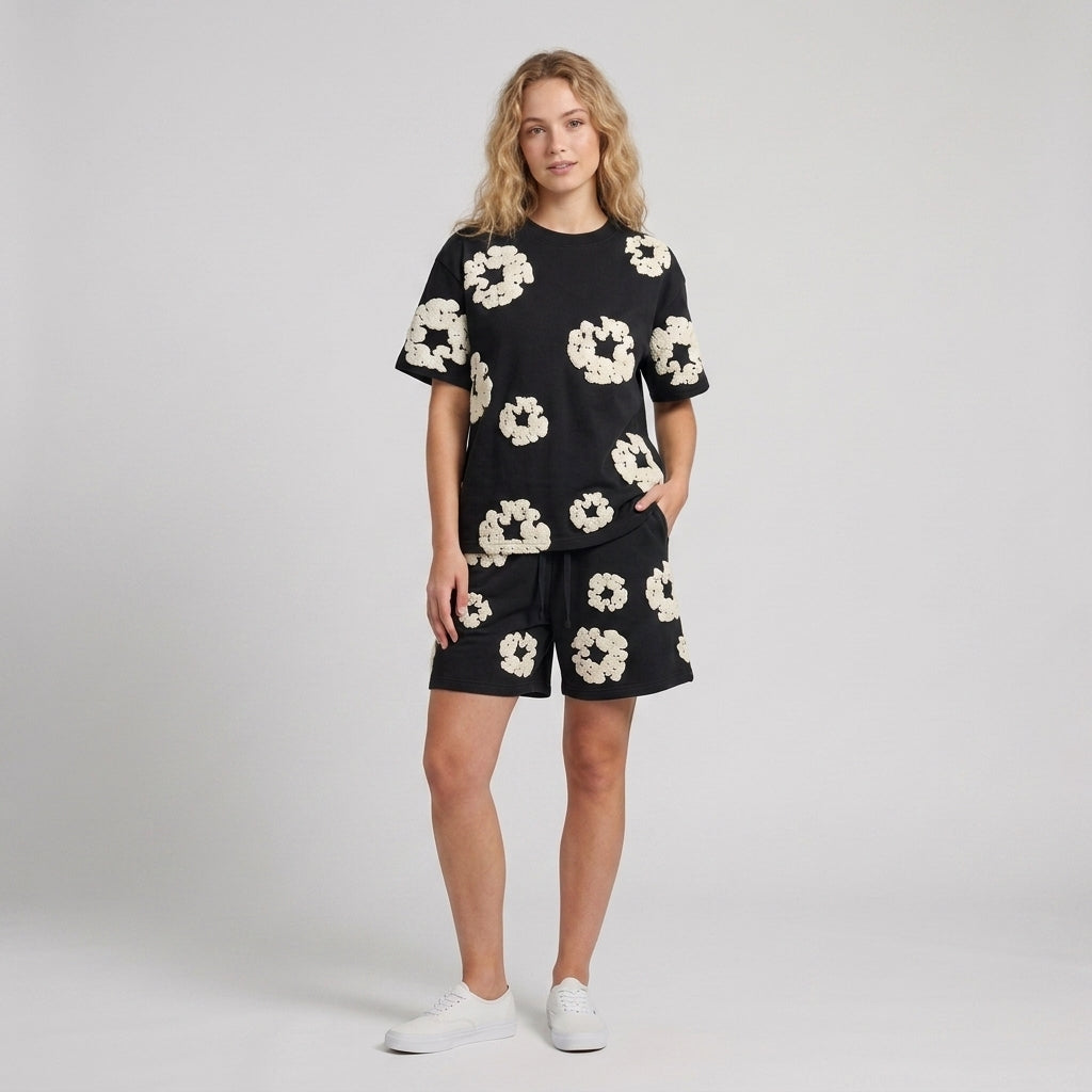 Émeline | Ensemble 2 pièces pour femme avec short en coton – Imprimé floral en 3D, tenue estivale décontractée