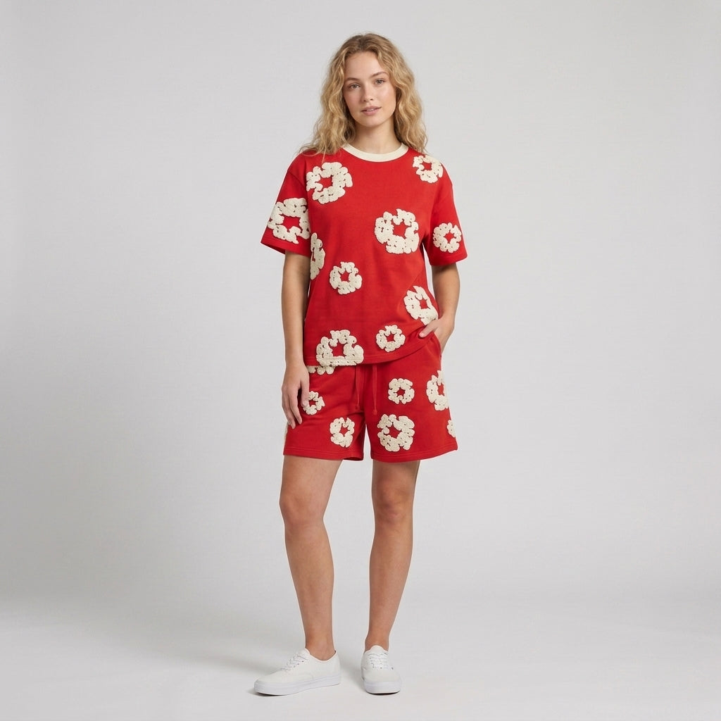 Émeline | Ensemble 2 pièces pour femme avec short en coton – Imprimé floral en 3D, tenue estivale décontractée