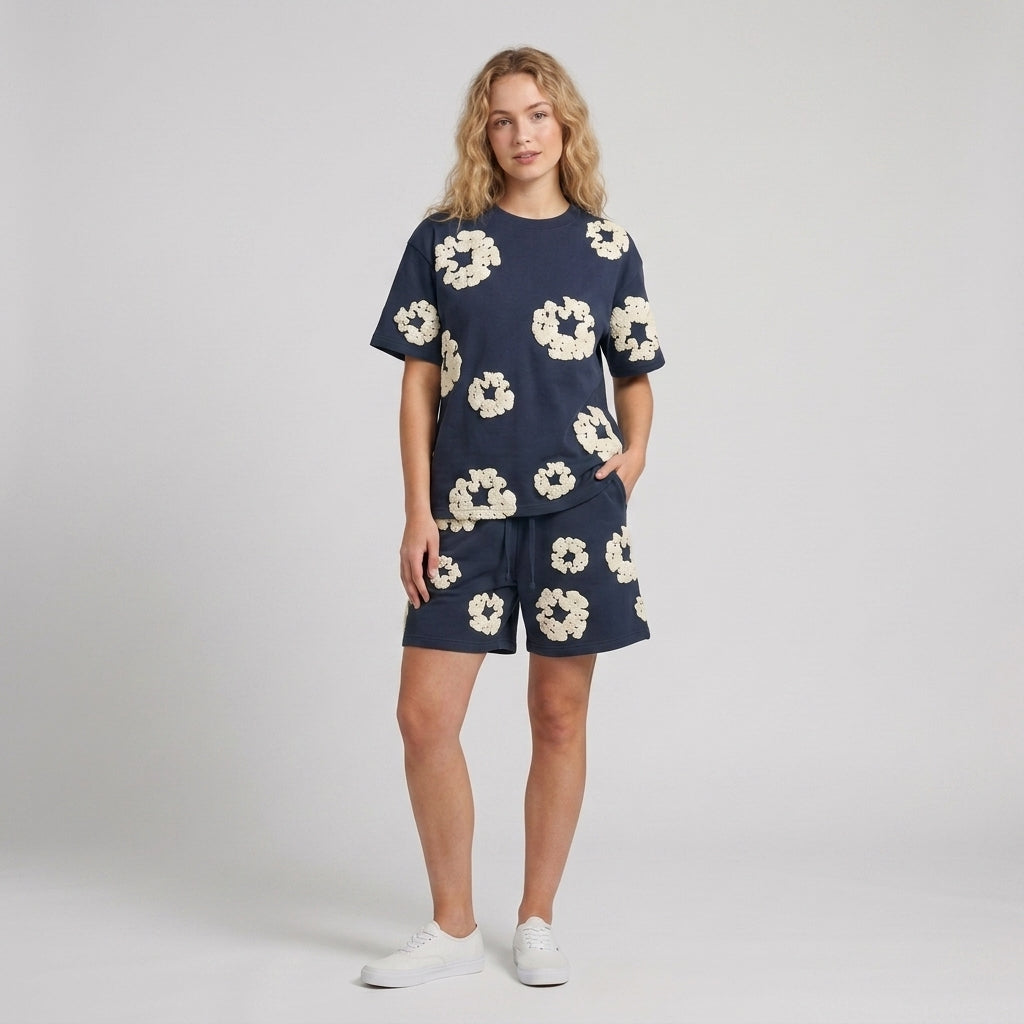 Émeline | Ensemble 2 pièces pour femme avec short en coton – Imprimé floral en 3D, tenue estivale décontractée