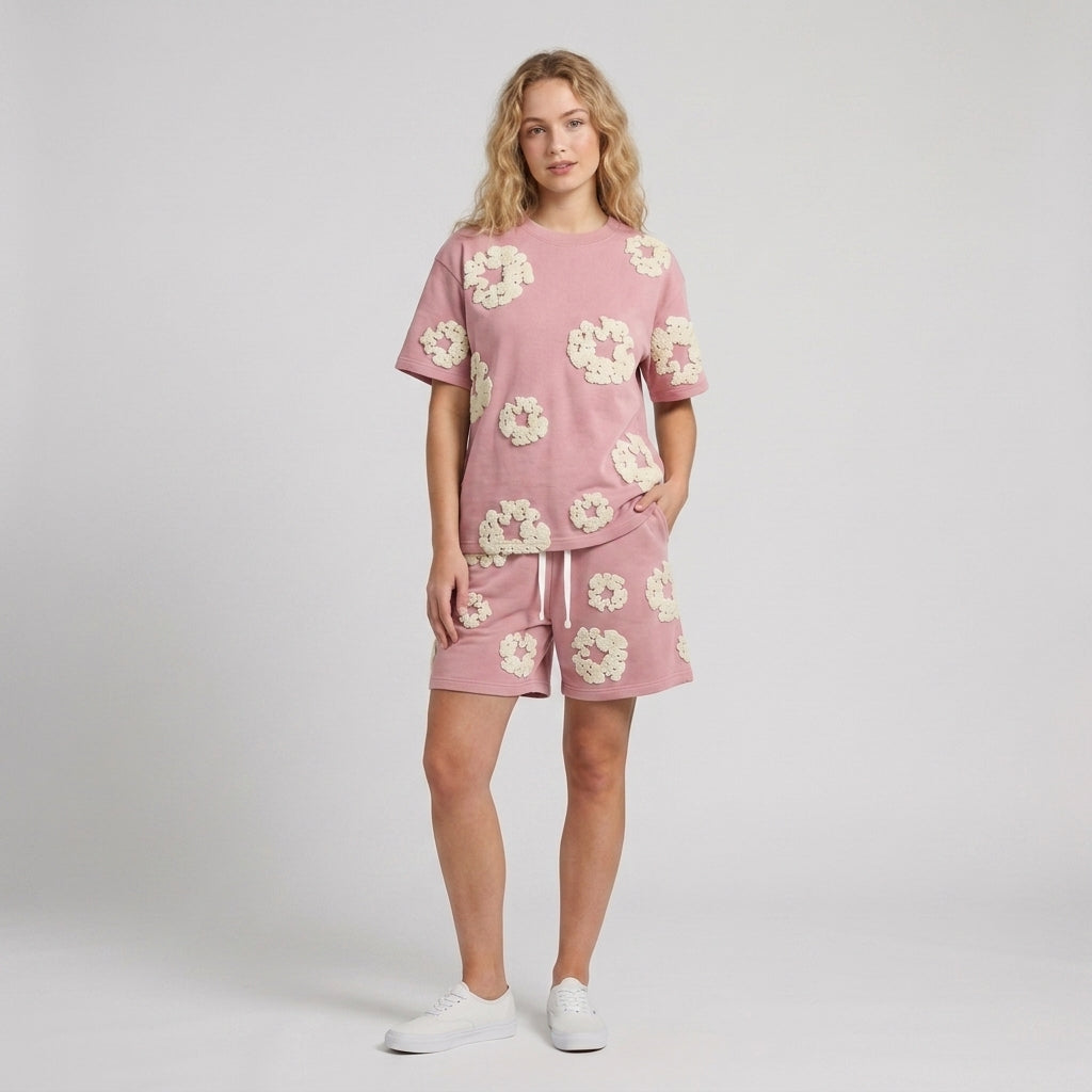 Émeline | Ensemble 2 pièces pour femme avec short en coton – Imprimé floral en 3D, tenue estivale décontractée