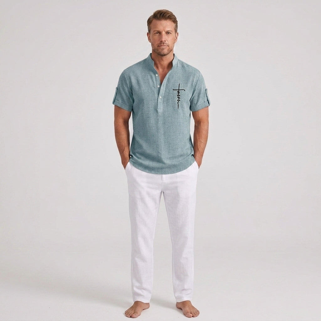 César | Chemise décontractée à manches courtes pour homme – Col montant