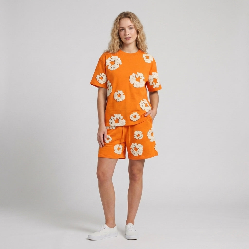 Émeline | Ensemble 2 pièces pour femme avec short en coton – Imprimé floral en 3D, tenue estivale décontractée