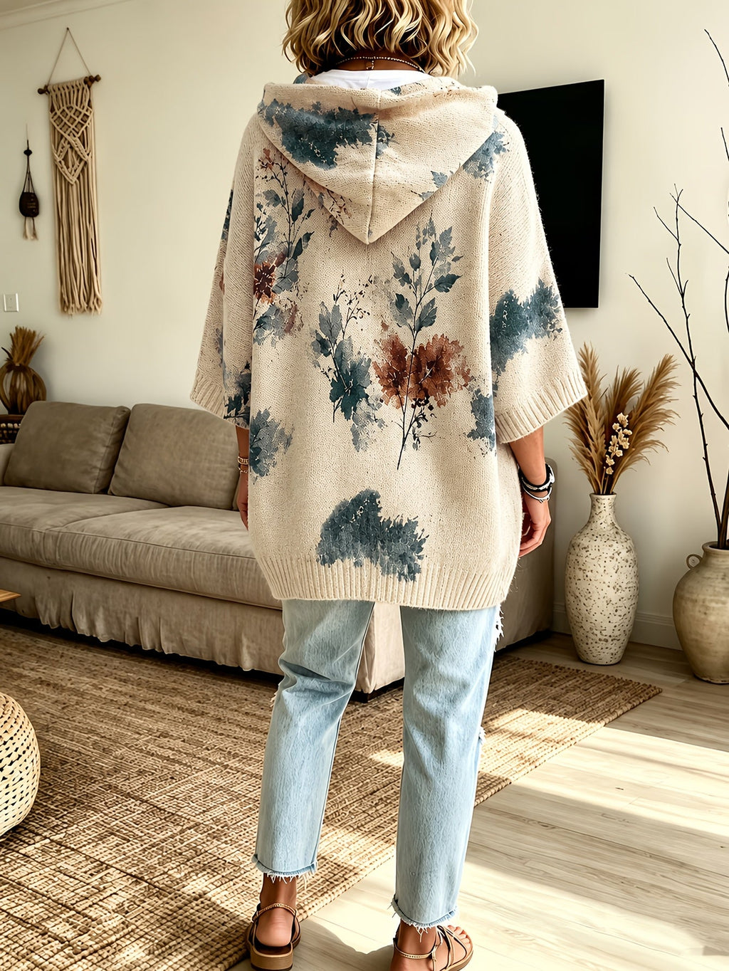 Novalie | Pull-cape vintage à motif floral pour femme – À capuche, manches 3/4