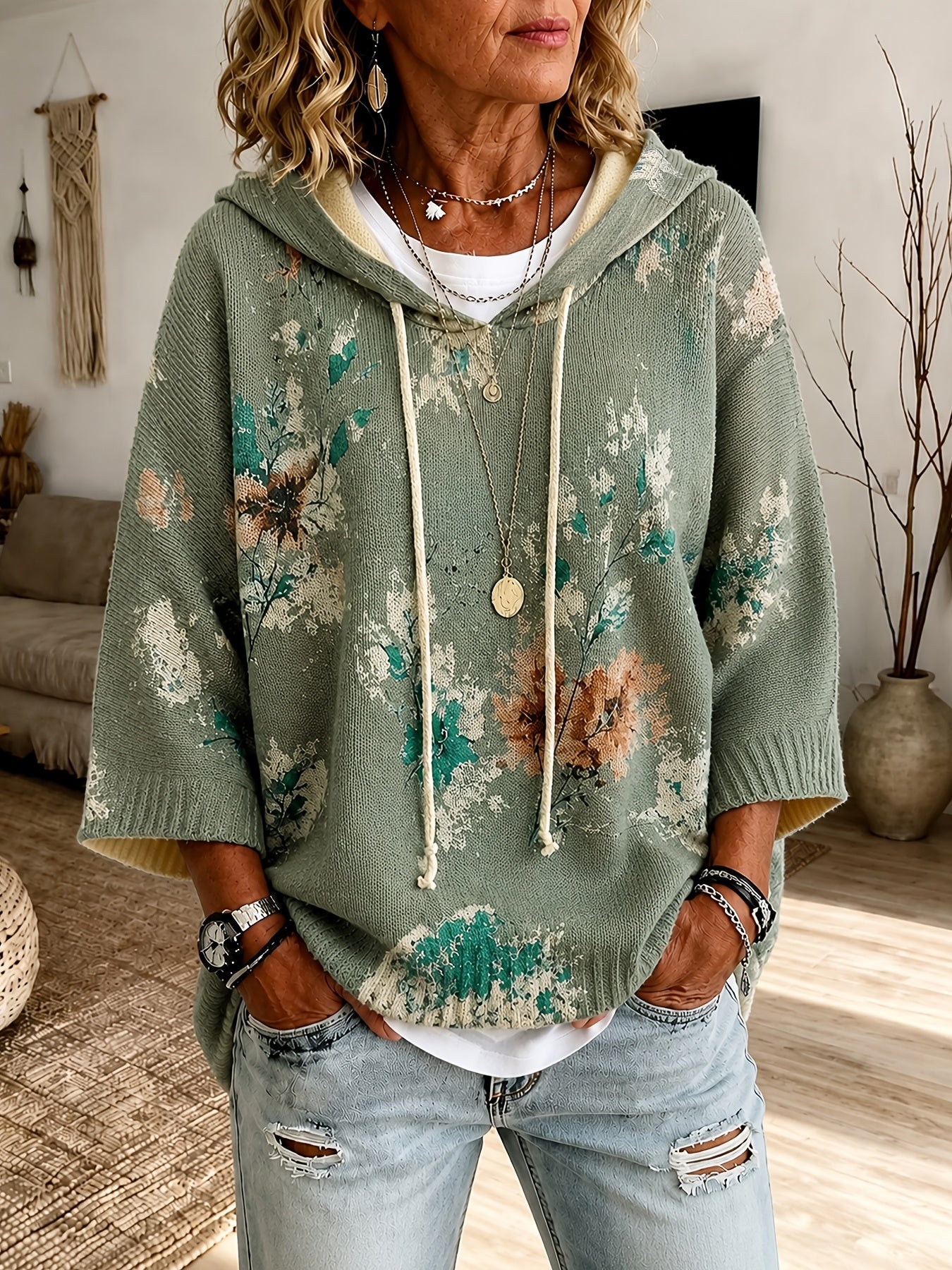 Novalie | Pull-cape vintage à motif floral pour femme – À capuche, manches 3/4