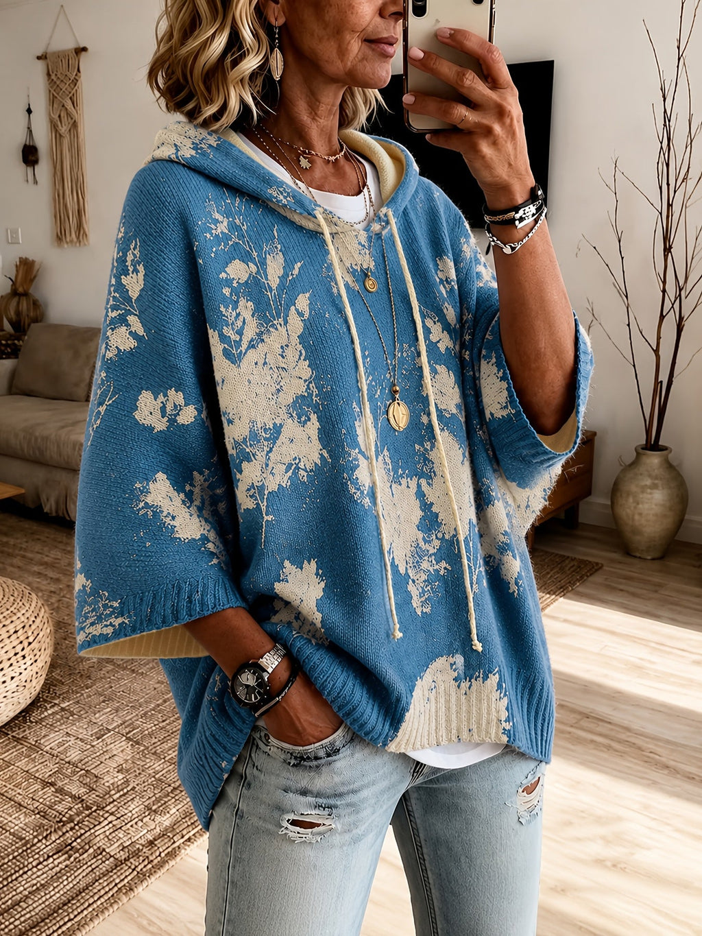 Novalie | Pull-cape vintage à motif floral pour femme – À capuche, manches 3/4