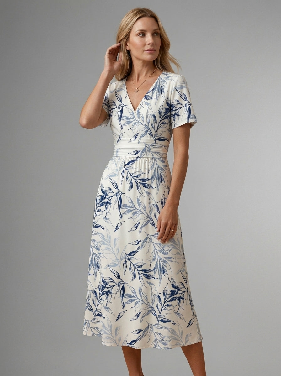 Romilly | Robe midi à fleurs pour femme, col en V - Robe décontractée à manches courtes,