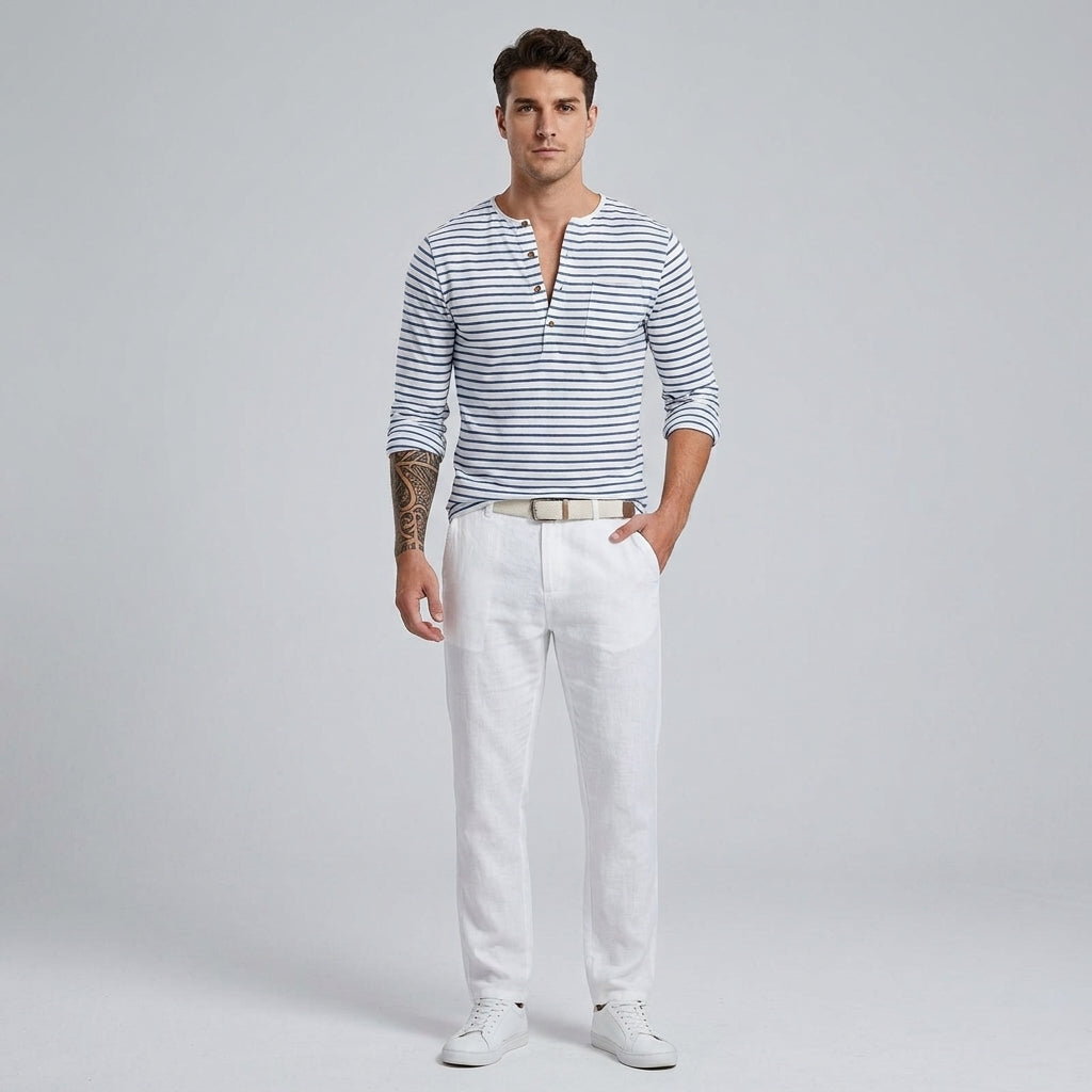 August | Chemise Henley à manches longues rayée pour homme - Chemise décontractée en mélange de coton