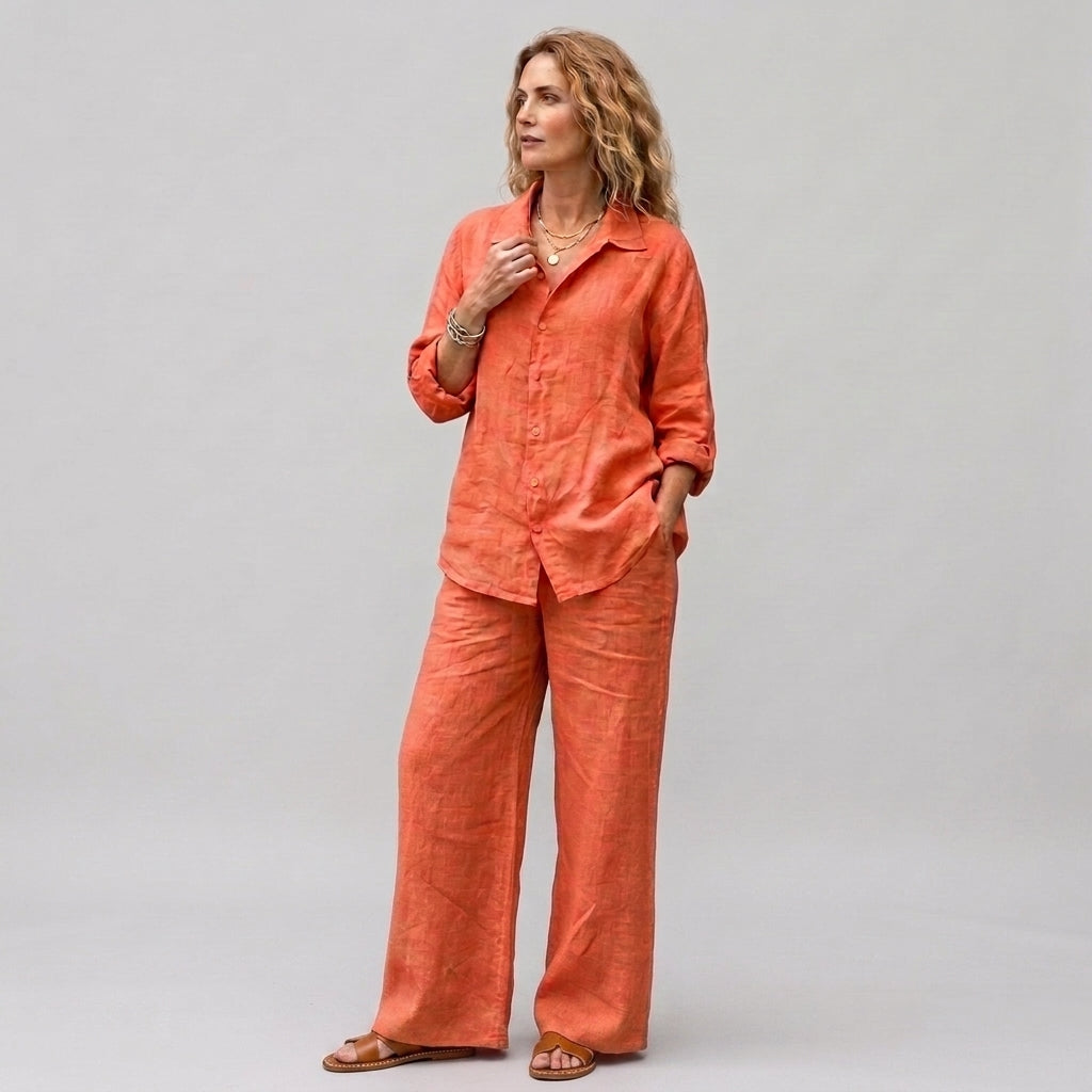 Béatrice | Ensemble deux pièces en lin pour femme – Chemisier respirant et pantalon à jambes larges