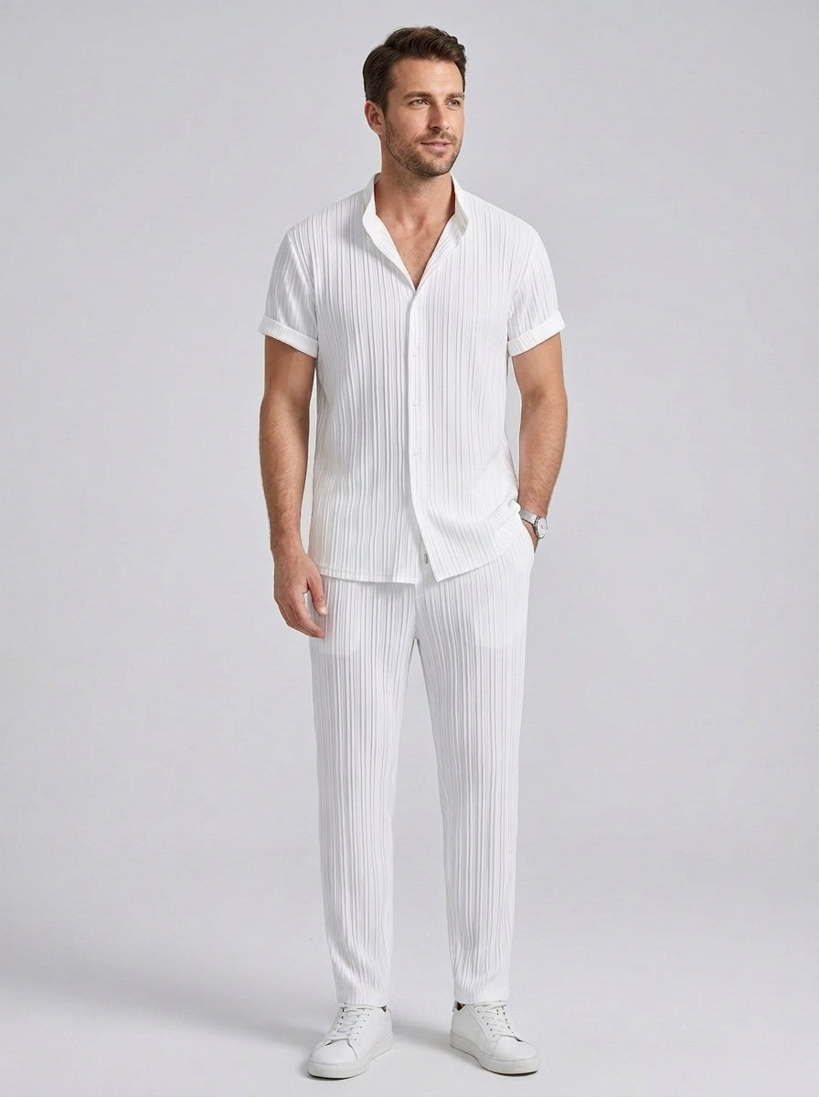 Esteban | Ensemble costume décontracté homme 2 pièces – Chemise à manches courtes avec col montant et pantalon à cordon de serrage
